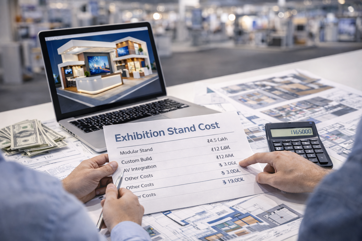 Exhibition stand cost planning with budget discussion, calculator, and design documents
